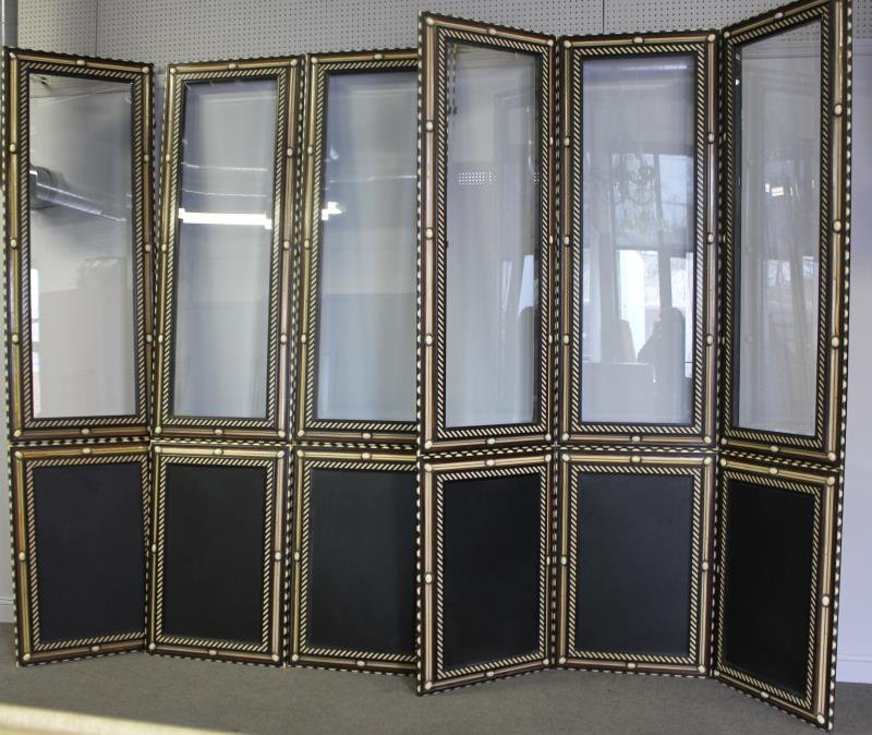 Large & Impressive 6 Panel Bone & Ebony Inlaid: Lacquered Screen. This large and decorative screen came from a Paris apartment belonging to consignors mother .Each panel is 2 piece . The top with a beveled glass and the bottom section with leather