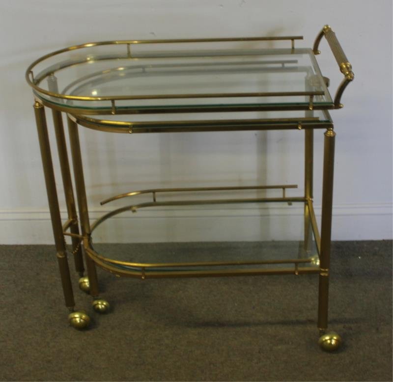 Brass Rolling / Nesting Cart with Glass: Inserts. From a Long Island estate. Dimensions: 30.5" w x 16" d x 30.5"h.