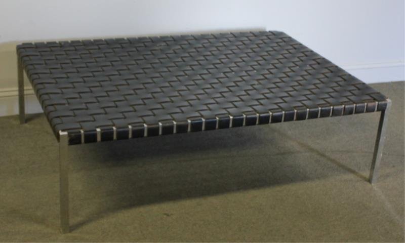 Large Ralph Lauren Leather Woven and Chrome Bench.: Quality heavy frame. Interwoven leather straps. Unmarked. From a Manhattan, NY estate. Dimensions: 42" w x 37" d x 15.5" h. Condition: Good with some light scratches to leather and wear from use.