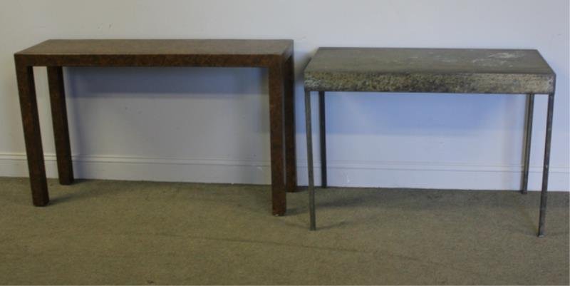 Modern Console Lot Including Industrial Style: Metal Console Table. Together with a vinyl wrapped console in the style of Karl Springer. From a Manhattan, NY estate. Dimensions: Metal - 39.5" w x 20" d x 28" h.; Wrapped - 48" w x 37" d x 15.5" h.