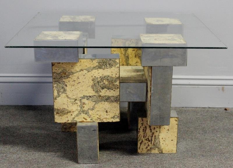 Midcentury Paul Evans Burl and Chrome Coffee Table: Later glass top. Unsigned. From a Manhattan, NY estate. Dimensions: 18" w x 18" d x 15.5" h base only. Condition: Some slight lifting to veneer and chrome panels. Later glass top.