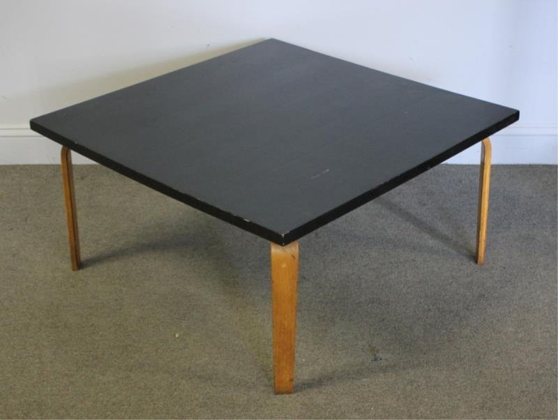 Midcentury Alvar Aalto Black Top Coffee Table.: Black top with bent blondewood legs. Unmarked. From a Manhattan, NY estate. Dimensions: 33" w x 33" d x 16.75" h. Condition: Good.