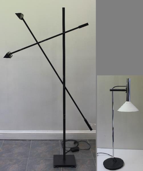 Midcentury and Post Modern Lighting Lot.: Excellent minimalist modern design. Marked Heyco. From a Larchmont, NY estate. Dimensions: 34" h x 14" w. Condition: Good with tiny loss to shade, some patina to cross bar.