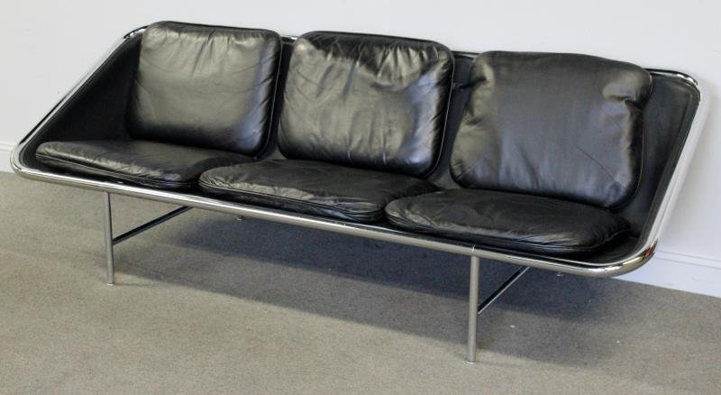 Midcentury George Nelson Sling Sofa.: Chrome base with leather strap and cushion seats. Unmarked. From a Westport, CT estate. Dimensions: 86" w x 32" d x 29" h. Condition: Good.