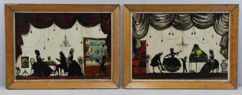 Pair of Reverse Glass Paintings. Silhouette: Interior Scenes. From a Harrison, NY home. Dimensions: Sight - 14.5" high x 20.5" wide. Condition: Foxing to paper backing. A few minor scratches and small losses.