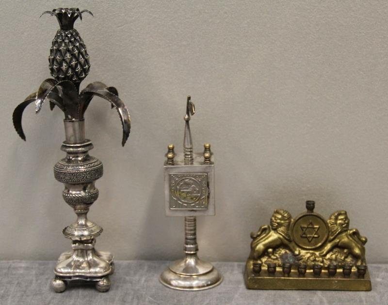 JUDAICA. Miscellaneous Silver Judaica Grouping.: Includes a miniature menorah - marked Parkway Product, Des. Pat. 155784; a silverplate spice tower; and a most probably French silver footed spice tower with pineapple form foliate finial. Total appro