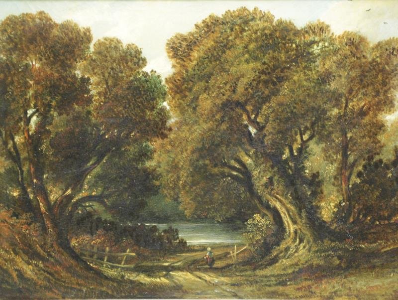 EWBANK, John. Oil on Canvas. Figure on Wooded: Path. Signed and titled '... Raby Wood' verso. John Wilson Ewbank (British, b. circa 1779-1847, founding member of the Royal Scottish Academy). From a Long Island, NY estate. Dimensions: 12" high x 16