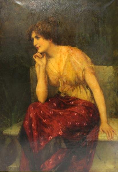 OLIVER, William. Oil on Canvas. "Meditation".: Signed lower left, nameplate with title on frame. Title inscribed on stretcher verso. William Oliver (British, 1823 - 1901). From a Long Island, NY estate. Dimensions: 32.25" high x 30.25" wide. Condi