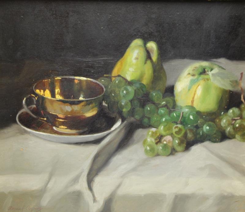 ARPAD, Romek. Oil on Board. Still Life with Fruit: and Cup and Saucer. Signed lower left. Romek Arpad(Hungarian, 1883 - 1960). From a White Plains, NY estate. Dimensions: 12.75" high x 14.5" wide. Condition: Small area of flaking lower left, otherwise