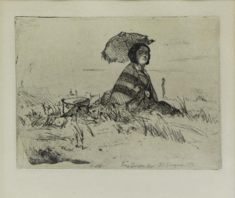 WHISTLER, James. Etching "En Plein Soleil.": Inscribed 'Imp. Delatre, Rue St. Jacques, 171' in the plate lower right. Arthur H. Hahlo & Co, New York label affixed verso. James Abbott McNeill Whistler (American, 1834-1903). From an Armonk, NY hom