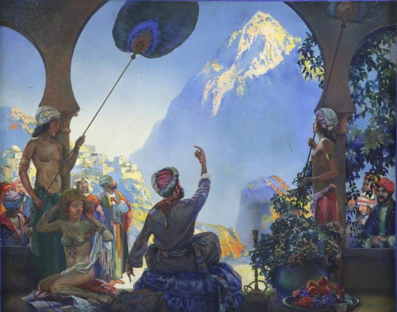 NEWTON, Byron. Gouache/Watercolor. Orientalist: Scene, Gathering on the Mountain. Signed upper left. Inscribed '(c) M & B Inc, NY' lower right. Artist's label verso. Byron G. Newton (American, early 20th C. illustrator). From a Stamford, CT home. D