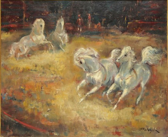 DE HOLESCH, Denes. Oil on Canvas of Circus Horses.: Signed lower right, with Robert M. Kulicke, Inc. label verso. Denes de Holesch (Hungarian-American, 1910-1983) From an East 72nd Street, Manhattan estate. Dimensions: 20" high x 24.5" wide. Condition: