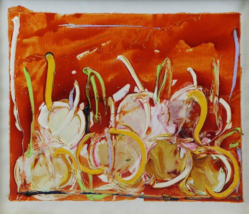 SCHIFANO, Mario. Oil on Canvas. Abstract Still: Life with Fruit. Signed verso. Mario Schifano (Italian, 1934 - 1998) From a Park Ave, NYC estate. Dimensions: 19.5" high x 23.5" wide. Condition: Area cracking. Otherwise good.