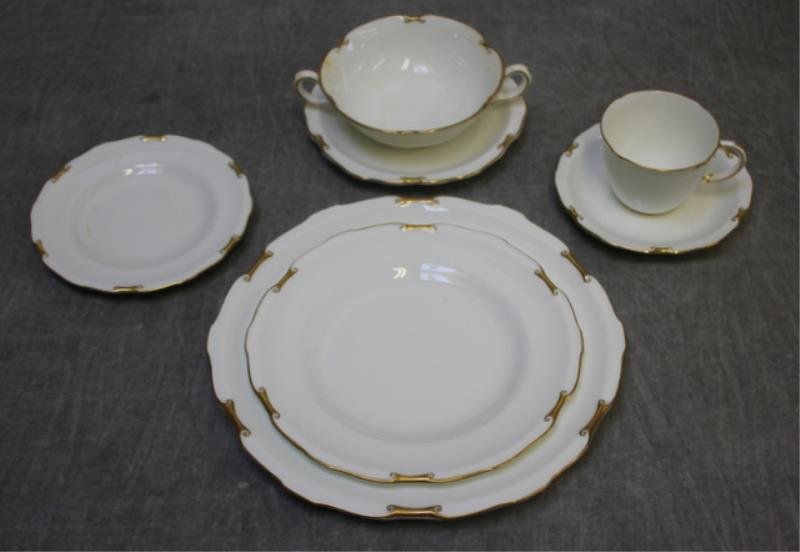 Partial Royal Crown Derby Regency Dinner Service.: Includes 8 dinner plates, 6 salad plates, 12 bread and butter plates, 7 cream soups / 10 under plates, 12 cups and saucers. Plus 4 cracked dinner plates, 1 cracked cream soup and 1 chipped salad. From