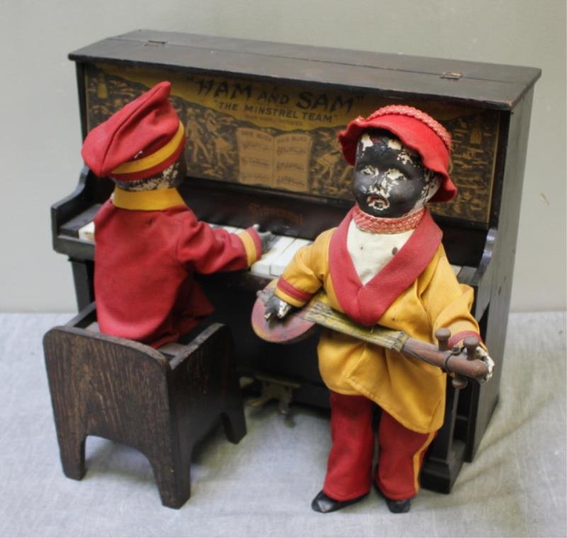 Ham and Sam The Minstrel Team Demonstrator.: Probably a store display for the 1925 "Strauss" wind up tin toy. The toy itself was available for only one year, which makes this quite a rarity. Not electrically tested. From a Hastings-on-Hudson, NY