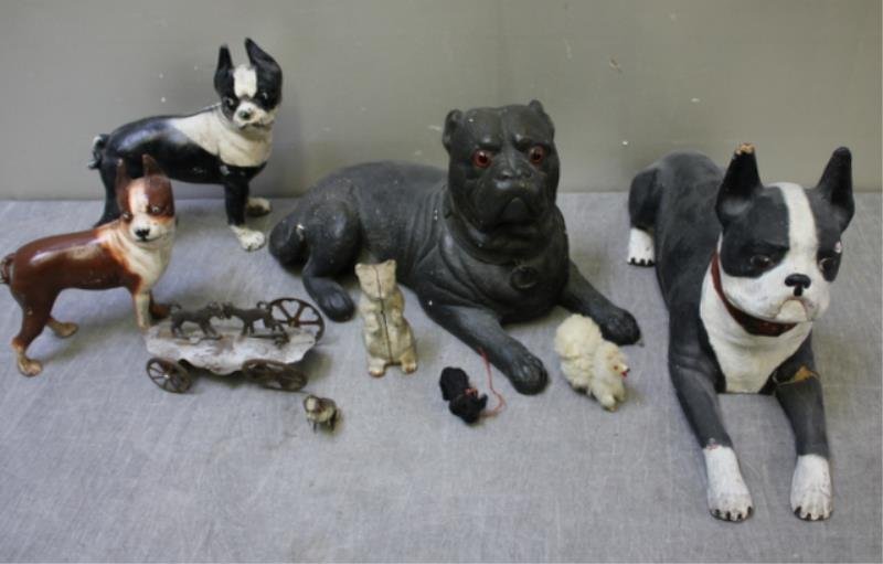 Lot of Assorted Vintage Dog Figures and Toys.: Includes cast iron, chalk, papier mache (as is). From a Hastings-on-Hudson, NY estate