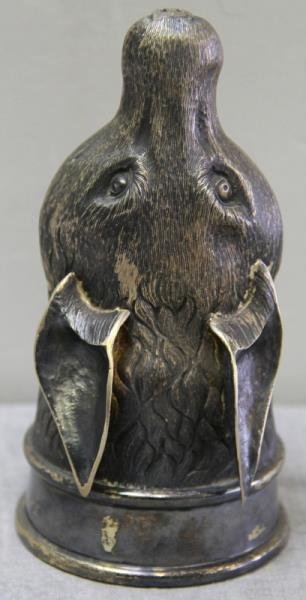 STERLING. Bulagri Stirrup or Hunting Cup of a Fox: Gilt silver fox form stirrup or hunting cup. Stamped "Bvlgari", with English maker's mark of Padgett & Braham, London, with a date letter of 1967? Total approx. weight is 14.25 troy oz. From a Long Is