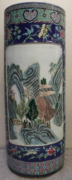 Vintage Chinese Enamel Decorated Porcelain: Umbrella Stand . From a White Plains NY estate . Dimensions: 23.5" H x 9"dia Condition: Star hairline to base and long penetrating crack.