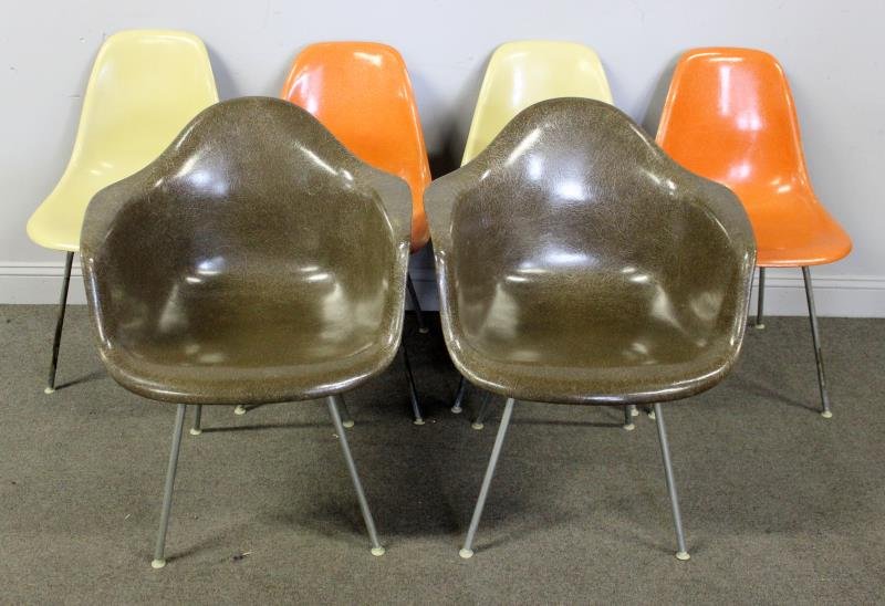 Midcentury Set of 6 Eames Shell Chairs.: Ray & Charles Eames for Herman Miller. Includes 2 armchairs and 4 side chairs. Labeled. From a Great Neck, NY estate. Dimensions: Arms - 25" w x 24" d x 31.5" h; Sides - 19" w x 20" d x 31.5" h. Condi