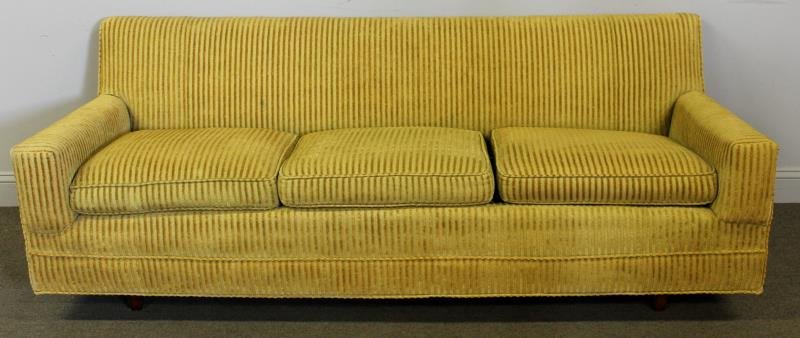 Midcentury 3 Seat Low Sofa.: Nice angular arms. Low tapered legs. Original upholstery. From a Stamford, CT home. Dimensions: 80" w x 32" d x 28" h. Condition: Vintage condition, stiffening to some areas. Probably needs cleaning.