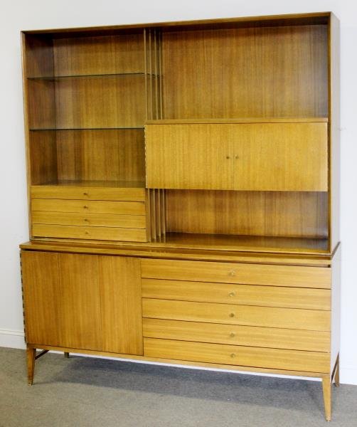Paul McCobb for Calvin Cabinet with Hutch.: Paul McCobb for Calvin; Irwin Collection. Labeled to drawer interior on hutch and drawer interior to cabinet. Midcentury brass "I" stretcher to base, and 3 vertical brass accents to central hutch. Two