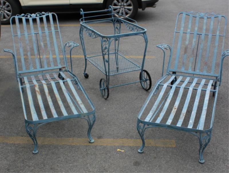 Woodard Vintage Iron Outdoor Furniture.: Includes 2 chaise lounge chairs and a rolling tea or bar cart. From a White Plains, NY estate.