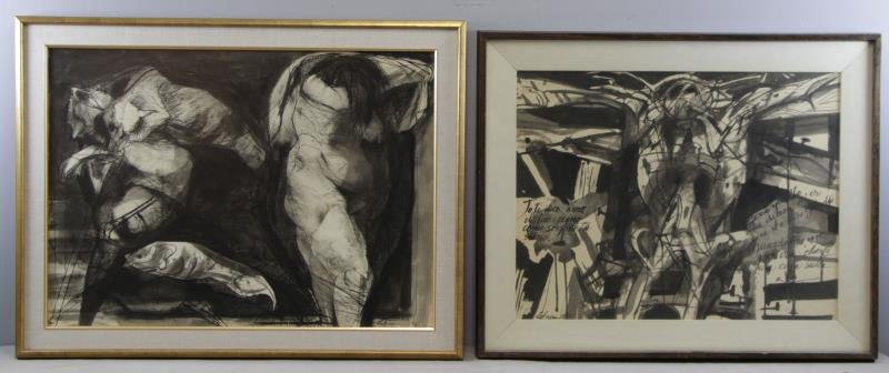 LEBRUN, Rico. Two Figural Ink Washes on Paper.: "Beggar into Dogs" - ink was and collage, titled page for "Breck" 1961, signed and dated lower right, M.B. Modern, New York and Silva Simone Gallery labels preserved in plastic sleeve verso, dimension
