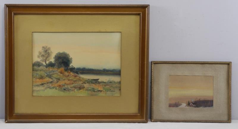 MOSER, James Henry. Two Watercolor Landscapes.: Both signed lower left. James Henry Moser (American, 1854 - 1913). From a Stamford, CT home. Dimensions: 10.25" high x 14.25" wide & 5.25" high x 7.25" wide. Condition: Good, slight toning. Framed beh