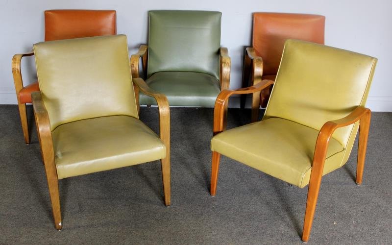 Midcentury Set of 5 Thonet Bentwood Armchairs.: Great frames and early upholstery. Unmarked. One lacquered finish. From a Bronx, NY church. Dimensions: 24" w x 28" d x 31" h. Condition: With wear to frames and some losses to upholstery, otherwise g