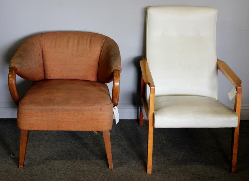 2 Midcentury Arm Chairs Including an Unusual: Heywood Wakefield Upholstered Arm Chair. Together with a white upholstered high back arm chair. From a Bronx, NY church. Dimensions: Heywood Wakefield: 28" w x 27" x 30" h. White chair: 24.5" w x 29"