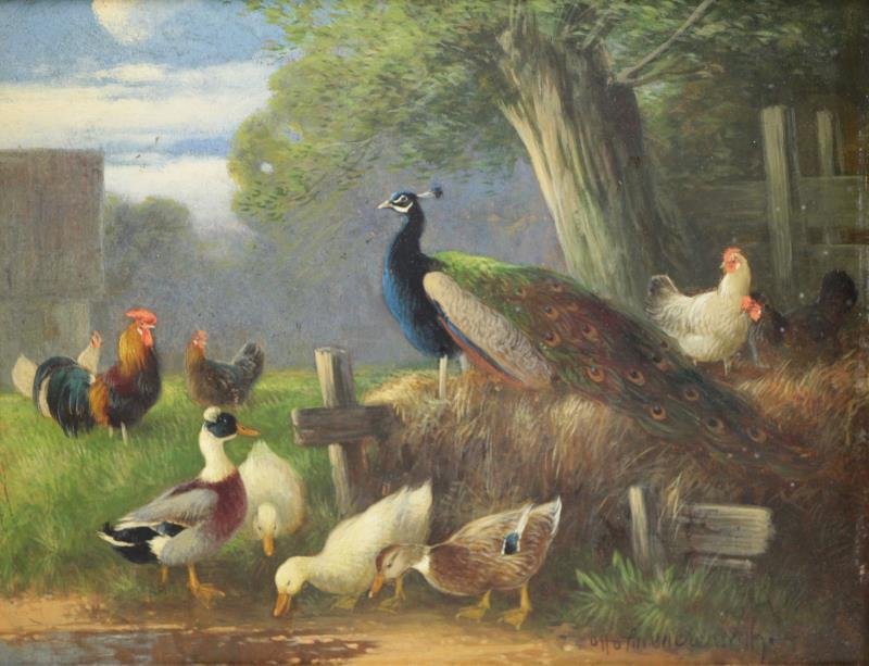 Signed Oil on Board. Birds in Farmyard.: Signed 'Otto ...' lower right. From a Mt. Vernon, NY storage location. Dimensions: 8.5" high x 10.5'" wide. Condition: Good.