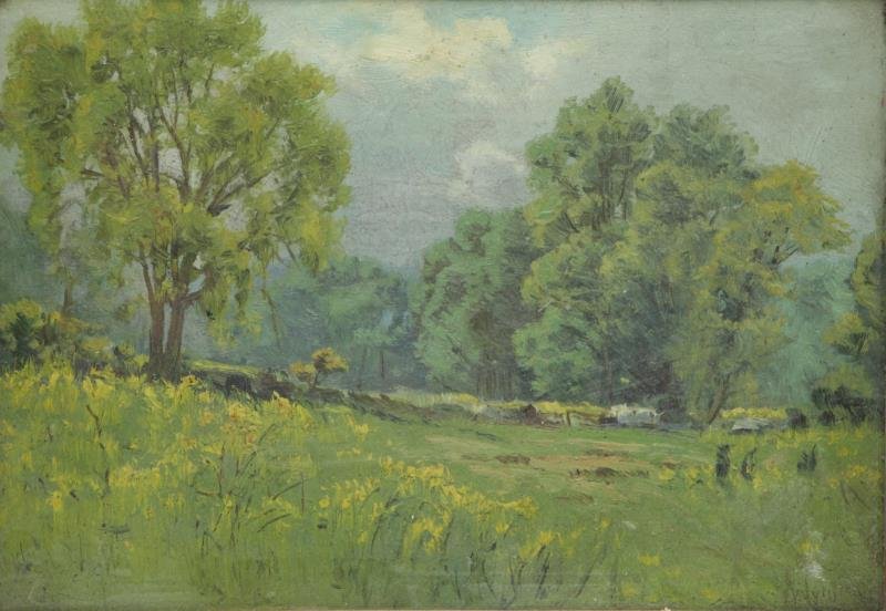 WYNNE. Early 20th C. Oil on Board "Leafy Grove,: Grassy Sprain Valley, NY". Signed lower right, titled verso. From a Mt. Vernon, NY storage location. Dimensions: 9.5" high x 14" wide. Condition: Good. Framed behind glass, not examined out of frame.