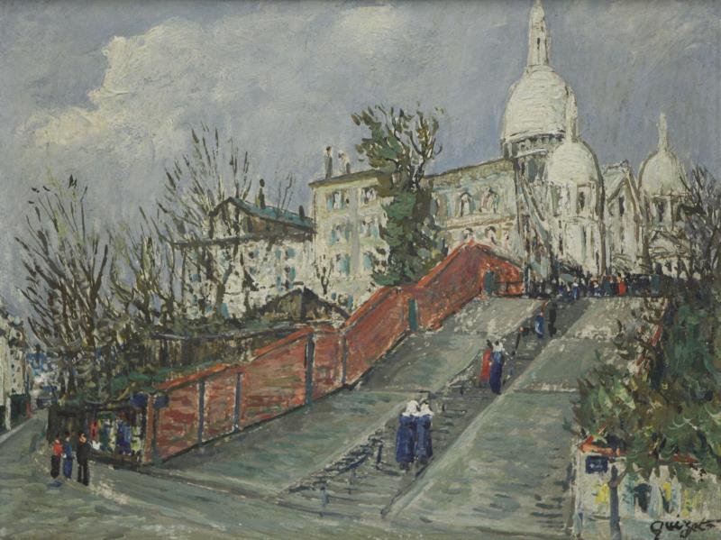 QUIZET, Leon-Alphonse. Oil on Board. Montmartre,: Paris Street Scene. Signed lower right. Leon-Alphonse Quizet (French, 1885 - 1955). From a Mt. Vernon, NY storage location. Dimensions: 7.5" high x 9.5" wide. Condition: Good, slightly dirty.