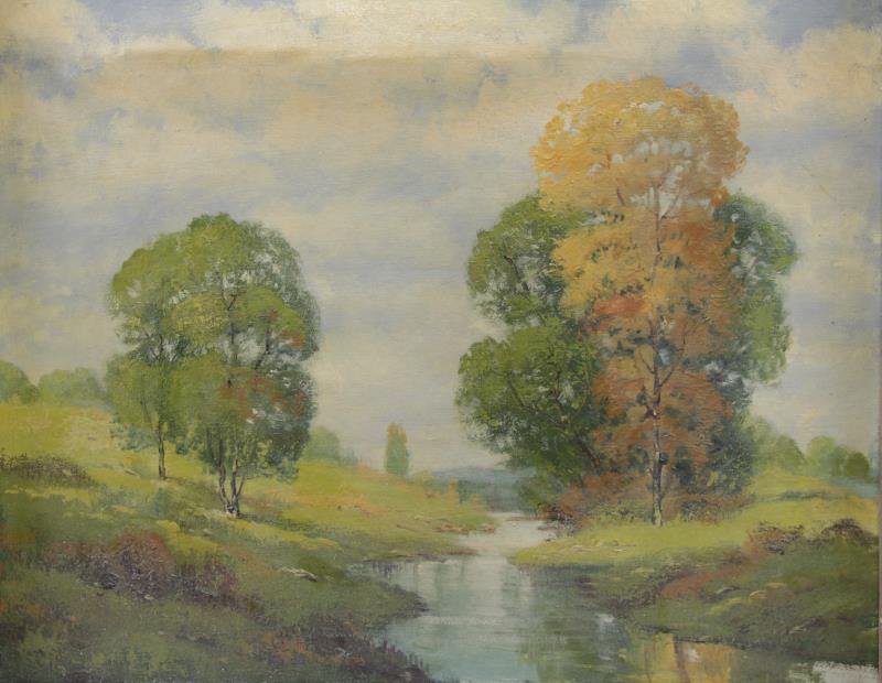 FREDERICKS. Oil on Canvas. River Landscape.: Signed and dated 'Fredericks 27' lower right. Possibly Ernest T. Fredericks (American, 1877 - 1959). From a Mt. Vernon, NY storage location. Dimensions: 21" high x 27" wide. Condition: Good, dirty wit
