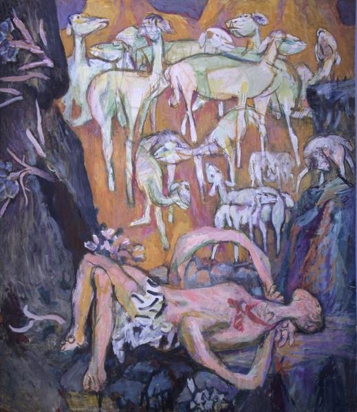 KRIESBERG, Irving. Oil on Masonite "The Shepherd".: Signed and titled verso. Irving Kriesberg (American, 1919 - 2009). From a Mt Vernon, NY Storage location. Dimensions: 48" high x 42" wide. Condition: Unframed, come scuffs and nicks, wear and losses t