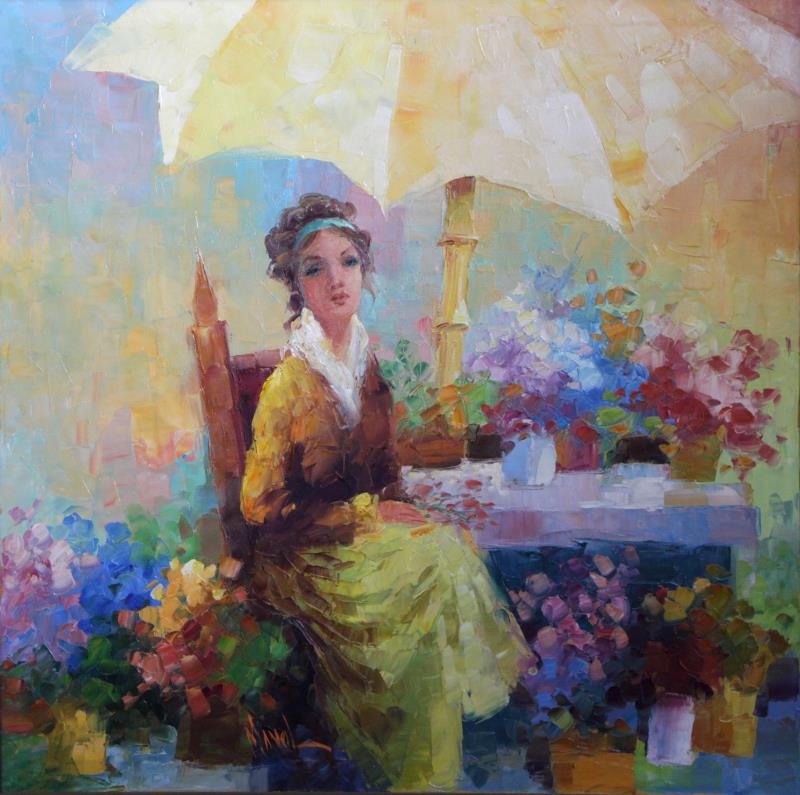 MANOL, John. Oil on Canvas. Woman Selling: Flowers. Signed lower left. John Adamos Manol (Greek b. 1900). From a Mt Vernon, NY Storage location. Dimensions: 36" high x 36" wide. Condition: Good.