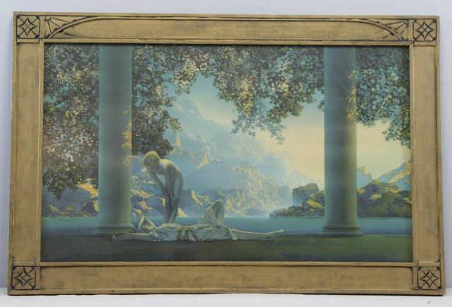 After Maxfield Parrish. "Daybreak" Vintage Offset: Lithograph. Printed by The House of Art, NY. In original frame. From a Mt Vernon, NY Storage location. Dimensions: Sight -17.75" high x 29.5" wide, 22.5" high x 34.5" wide overall. Condition: Some fad