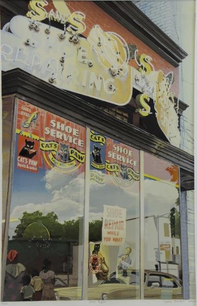 MCINTYRE, Nancy. Silkscreen "Show Repair".: Pencil signed lower right, titled lower center, numbered 56/60 lower left. Nancy McIntyre (American, b. 1950). From a Mt Vernon, NY storage location. Dimensions: Image - 32" high x 20.75" wide. Condit