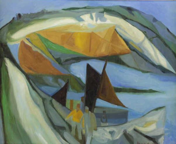DUTIL, Jacques. Modernist Oil on Canvas. Coastal: Landscape with Figures and Boats. Signed and dated 1961 lower right. Artist's label verso. Jacques Dutil (French, 20th C). From a Mt Vernon, NY storage location. Dimensions: 25.5" high x 32" wide. Con