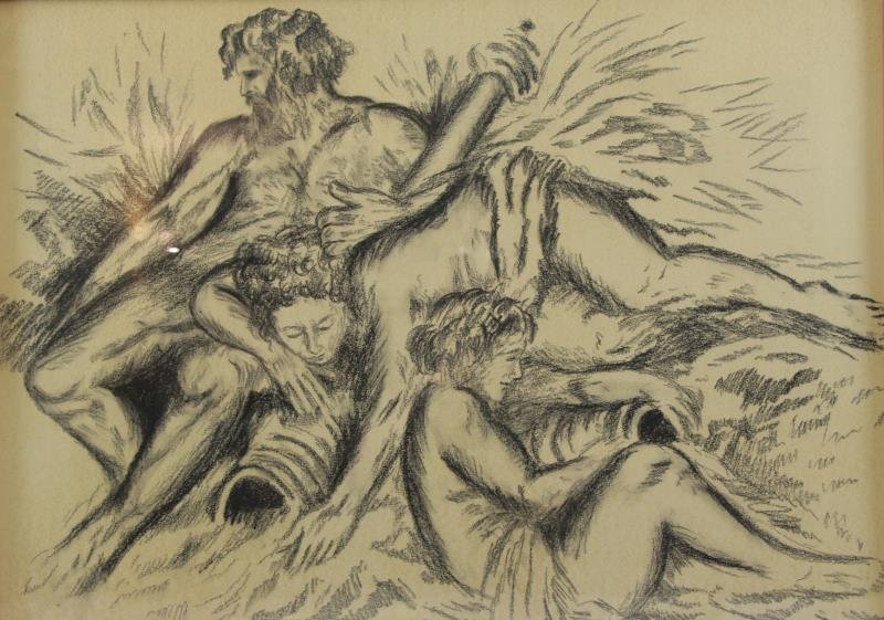 Initialed B.K. 1955 Charcoal on Paper. Nymphs and: Satyr in Landscape. Signed and dated B.K.1955 lower right. From a Mt Vernon N.Y. storage location. Dimensions: 26.5" high x 35.5" wide. Condition: Slight toning, framed behind glass, not examined out 