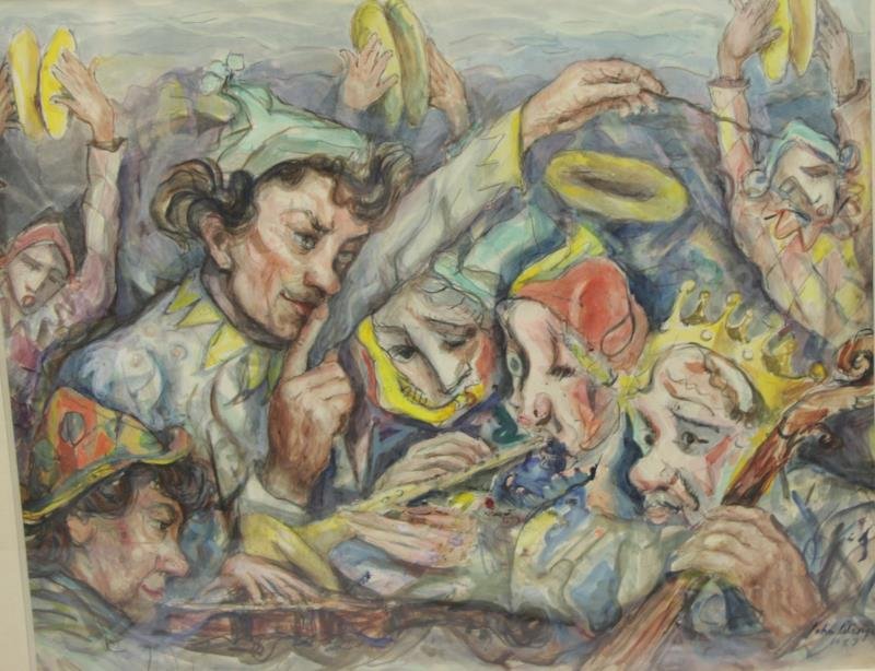 WENGER, John. Casein on Paper. "Musical Clowns".: Signed and dated 1957 lower right, titled on handwritten label verso. John Wenger (Russian, active in New York,1887 - 1976). Mt Vernon, NY storage location. Dimensions: 20" high x 24" wide. Condition: