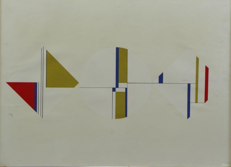 BOLOTOWSKY, Ilya. Abstract Geometric Silkscreen.: Signed (?) or inscribed with artist's name verso. Ilya Bolotowsky (Russian, 1907 - 1981). From a Mt Vernon, NY storage location. Dimensions: 21.75" high x 29.5" wide. Condition: Small surface spot or 