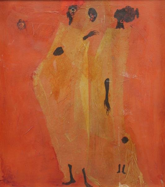 HOLLINGSWORTH, Alvin C. Three Women with Child.: Mixed media on board. Signed lower right. Alvin Carl Hollingsworth (African-American, 1928 - 2000). From a Mt Vernon storage location. Dimensions: 22" high x 20" wide. Condition: Good, with some light