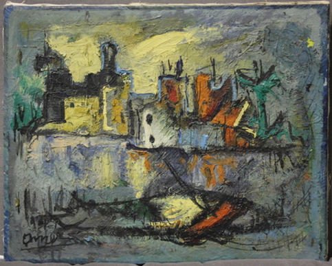 PRINCE OMAR. Oil on Canvas Abstract Village Scene.: Inscription on stretcher reads "given to me by the wife of artist Prince Omar Cairo 63". from a Mt Vernon, NY storage location. Dimensions: 16" high x 20" wide. Condition: Good.