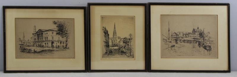 SCHUTZ, Anton. Three Pencil Signed New York: Etchings. All pencil signed in lower margins. Includes " Wall Street 1788" third state; "Wall Street 1878"; "South Street 1690" third state. Dimensions: Plate - two are approx. 7.25" high x 11.75" wid