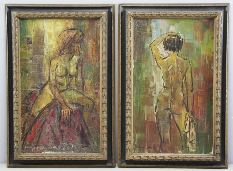 DINER, Pierre. Pair of Oil on Canvas Modernist: Nude Figure Studies. Both signed lower left. Pierre Diner (French/British, 20th C). From a Mt. Vernon, NY storage location. Dimensions: Both 21.5" high x 13" wide. Condition: Both with significant cra