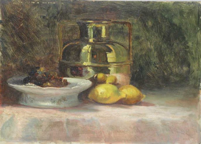 Unsigned 19th C. Oil on Board. Still Life with: Brass Pot and Lemons. From a Mt. Vernon, NY storage location. Dimensions: 9.5" high x 13" wide. Condition: Unframed, a few abrasions from old frame.