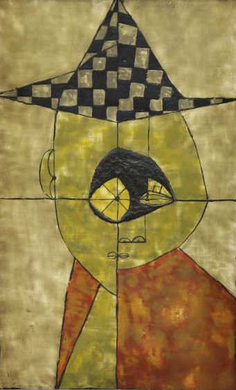 Unsigned Oil on Board. Abstract Harlequin.: Label verso with address, possibly that of the actress Lili Palmer. From a Mt. Vernon, NY storage location. Dimensions: 25.5" high x 15.5" wide. Condition: Surface dust and light scattered scratches.