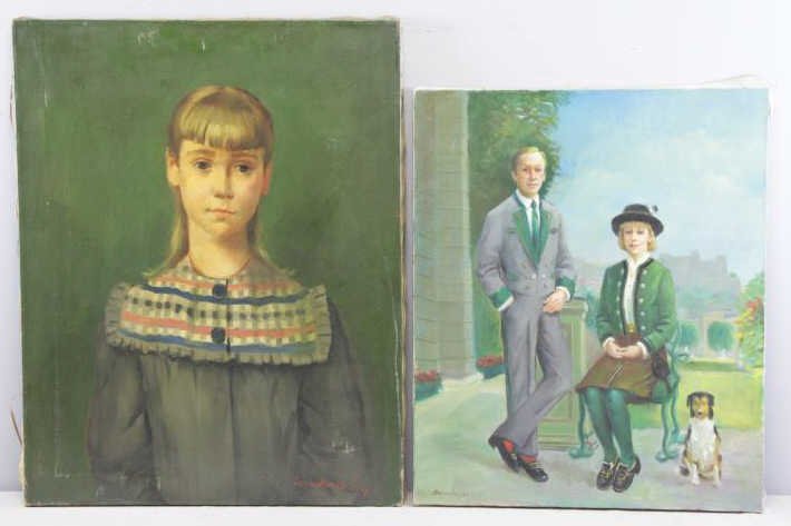 BERNATSCHKE, Rudolf. Two Oil on Canvas Portraits.: Portrait of a girl - signed and dated 1947 lower right. Portrait of a man, woman and dog - signed and dated 1972 lower left. Rudolf Anton Bernatschke (Austrian/American, 1913). From a Mt. Vernon, NY s
