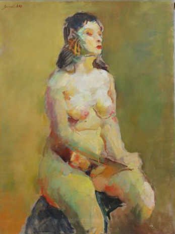 BERNATSCHKE, Rudolf. Oil on Canvas Modernist Nude: Signed upper left. Rudolf Anton Bernatschke (Austrian/American, 1913). From a Mt. Vernon, NY storage location. Dimensions: 42" high x 32" wide. Condition: Small puncture and losses lower right, stretc